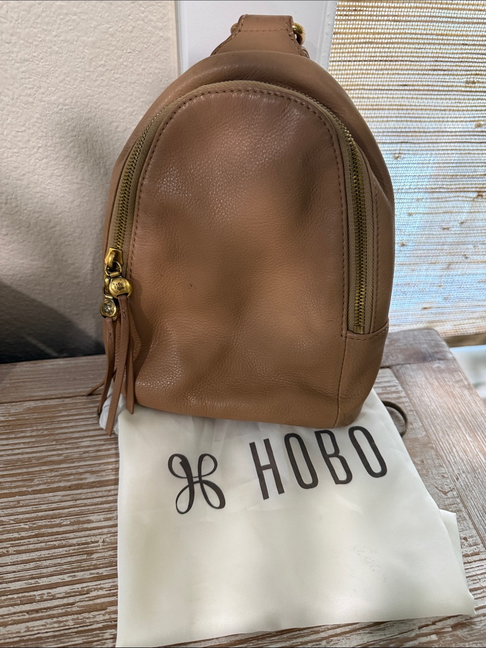 HOBO Tan Leather Sling Backpack with Gold Hardware